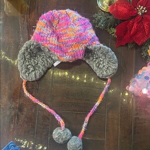 Aeropostale Pink and Orange Knit Kids Hat with Gray Ear Flaps